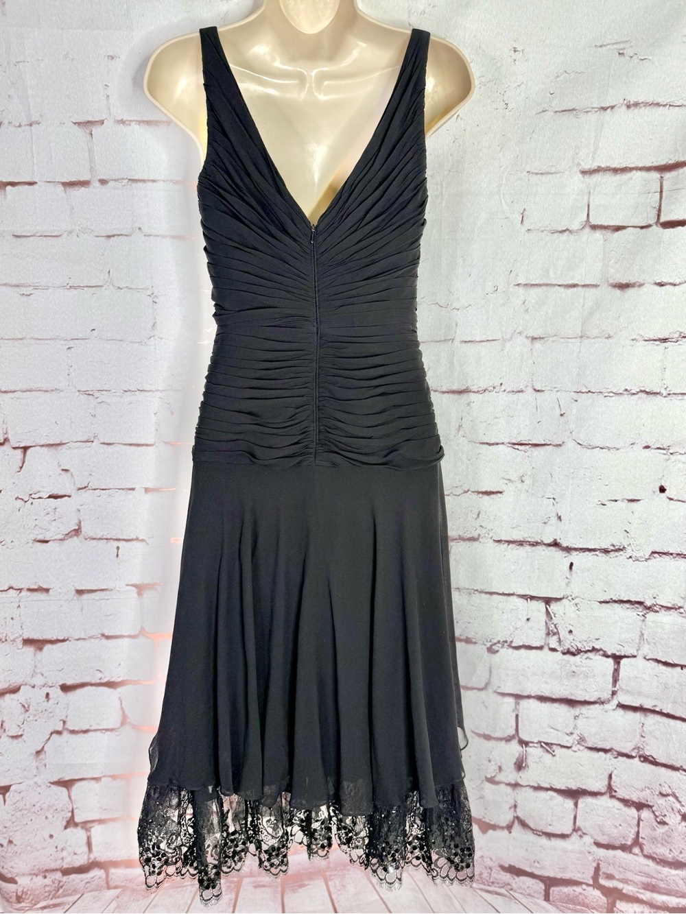 TADASHI S Petite Black Chiffon Pin Tucked Hi Lo Ruched Cocktail Party Dress - Picture 9 of 15